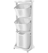 Rolling Laundry Hamper Storage Sorter, 3 Tier Rolling Laundry Hamper Cart White Laundry Baskets w...