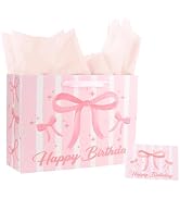 ACO-UINT Happy Birthday Gift Bags for Women Pink Bow Gift Bag with Tissue Paper and Ribbon Handle...