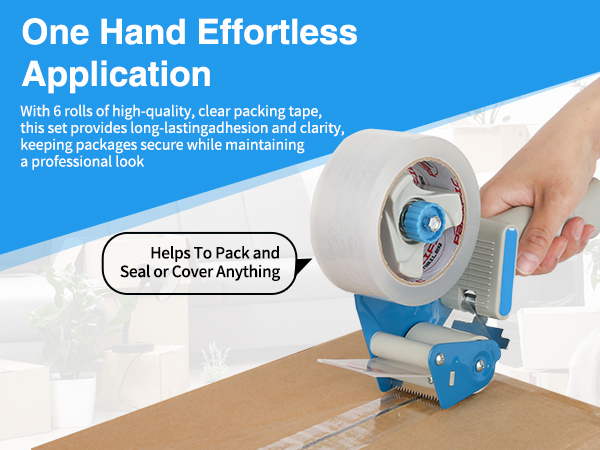 One-hand packing tape dispenser sealing a cardboard box with clear shipping tape for effortless