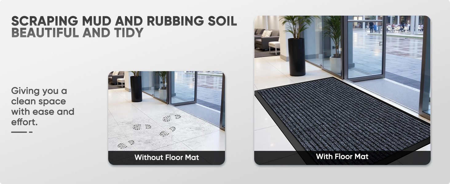 Compare: messy footprints without our mat vs. a tidy space with it.