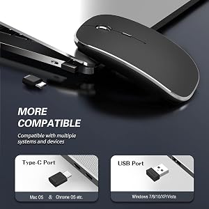Rechargeable wireless mouse, compatible with Type-C and USB receiver for multi-system devices