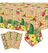 3 Pack 54 x 108 Inch Tropical Hibiscus Flowers Plastic Tablecloth – Disposable Rectangle Table Co...