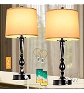 Set of 2 Table Lamps with USB Ports and Outlets, 3-Way Dimmable Bedside Lamps Touch Control, Mode...
