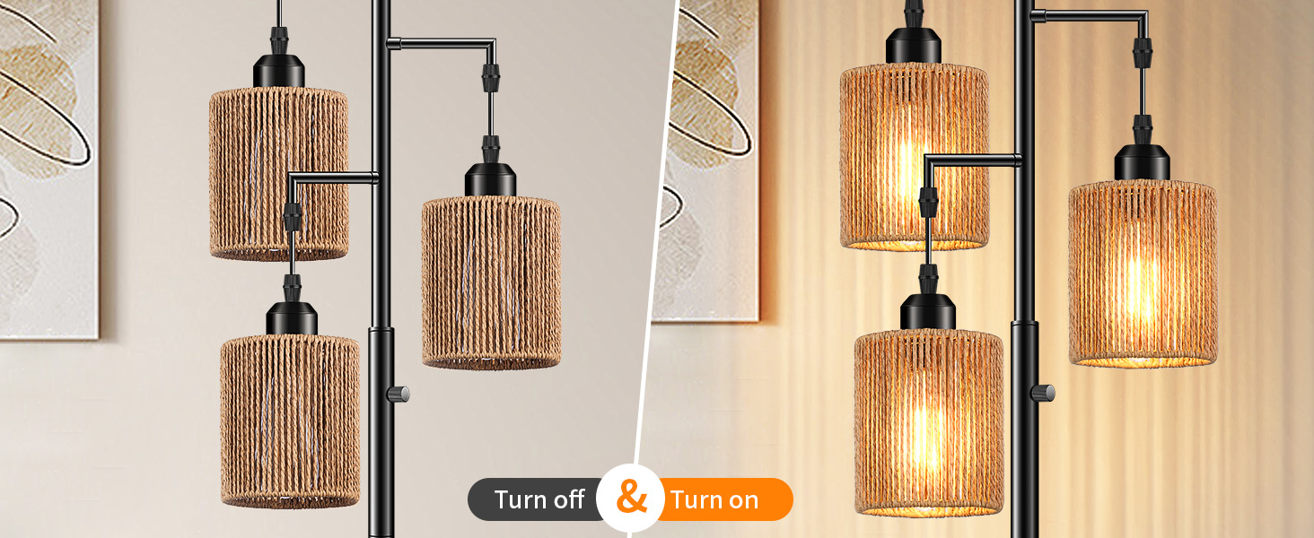 Hotsonic 72" Rattan Boho Floor Lamp, Tall Dimmable Standing Lamp with Handcrafted Brown Shad
