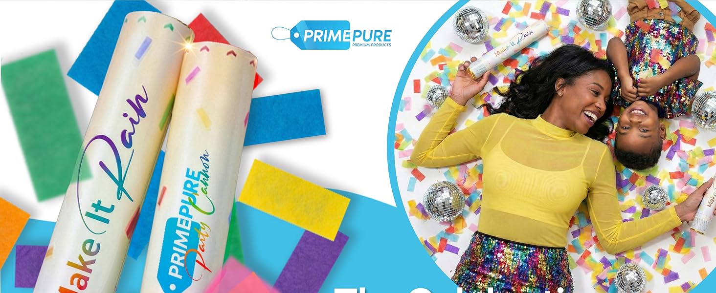 Happy woman and child celebrating with colorful confetti cannons, covered in streamers