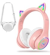 LOBKIN Bluetooth 5.3 Kids Headphones with Case - RGB LED Light Up Cat Ears Foldable Adjustable Ov...