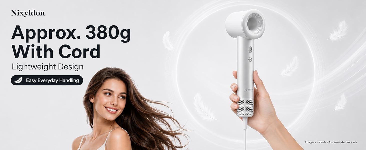 Nixyldon lightweight hair dryer approximately 380g with cord for easy daily handling