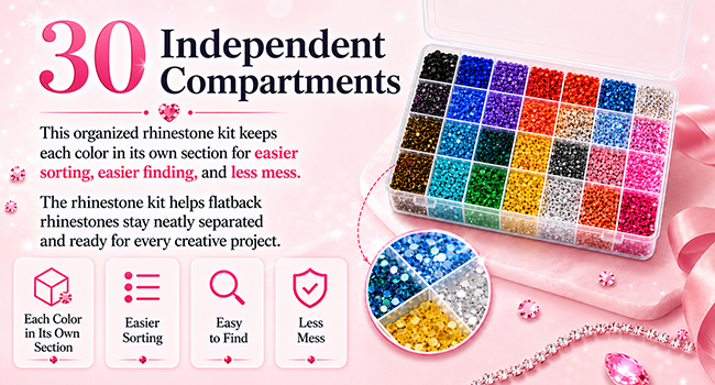 Organized rhinestone kit with 30 independent compartments for flatback rhinestones and less mess