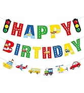 Faisichocalato Transportation Happy Birthday Banner Car Bus Train Plane Ship Helicopter Traffic L...