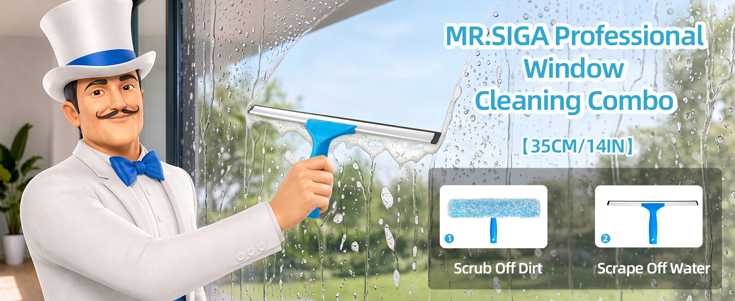 MR.SIGA Professional Window Squeegee & Microfiber Window Scrubber