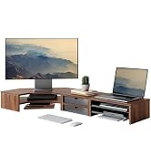 Fenge Dual Monitor Stand, Corner Monitor shelf with Drawer and Slide-Out Tray, 2 Tier Triangle Mo...