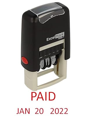 Paid - ExcelMark Self-Inking Rubber Date Stamp - Compact Size - Red Ink