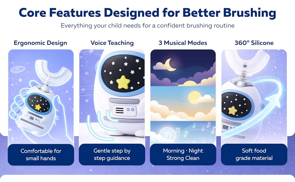Kids U-shaped electric toothbrush with voice teaching music modes and 360 silicone cleaning
