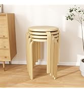 Vlush Set of 4 Curved Wooden Stools, Top Stackable Round Stools, Solid Rubberwood Stools, Outdoor...