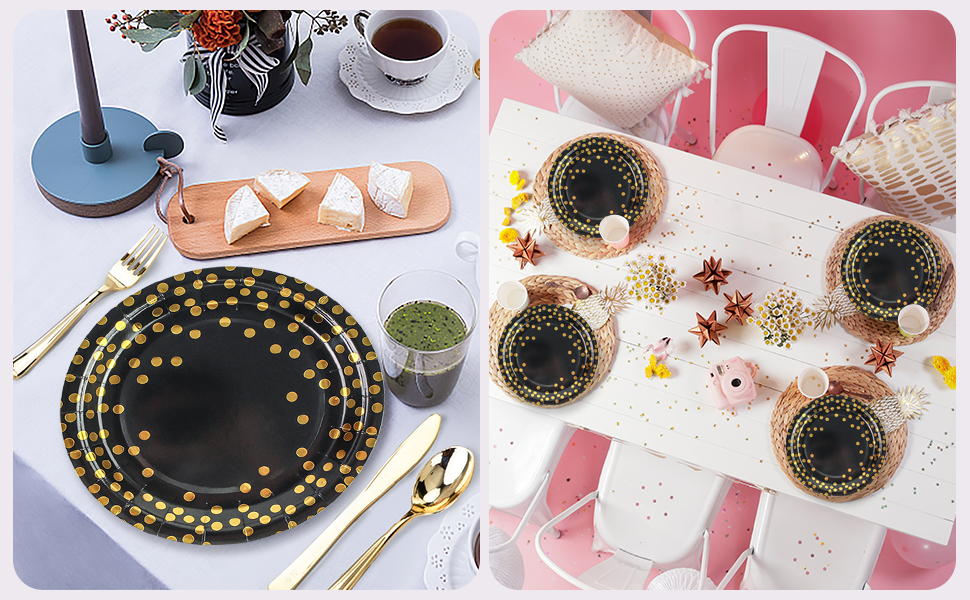 black and gold plates
