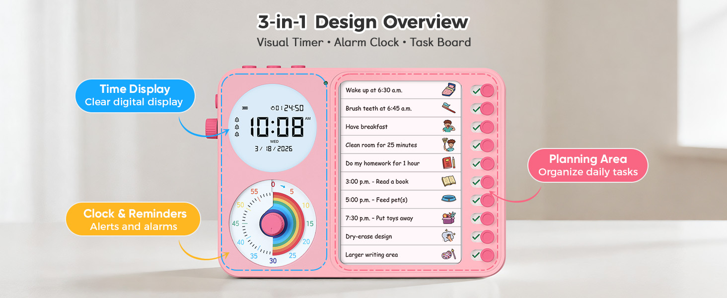 3 in 1 Visual Timer ADHD Tool Kids Adults Task Schedule Chore Planning Board Home White pink blue
