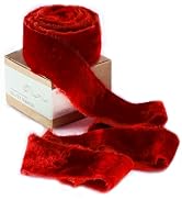 Red Velvet Ribbon for Gift Wrapping - 1 1/2 Inch 3 Yards Handmade Silk Fabric with Frayed Edge fo...