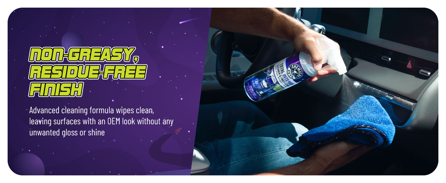 Deep cleaning spray for automotive interiors leaving surfaces clean, smooth, and refreshed