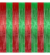 2 Pack 3.2ft x 9.8ft Christmas Metallic Foil Fringe Curtain, Red Green Tinsel Curtains Streamer L...