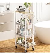 DTUQYX Slim Bathroom Storage Cart, 4 Tier Small Rolling Organizer Cabinet with Wood Top Handle, M...