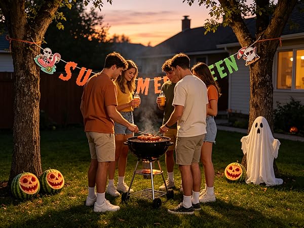 Friends grilling under spooky banner, summer party mood.