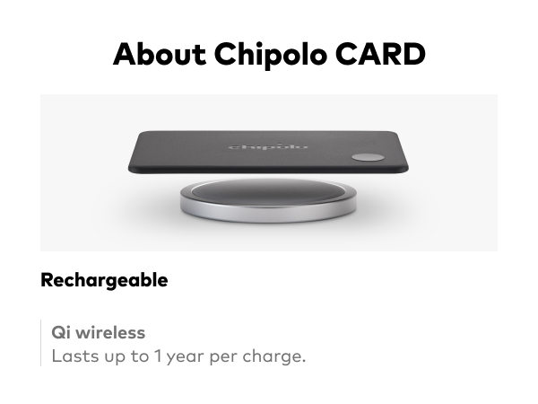 Text reads 'About Chipolo CARD', 'Rechargeable', 'Qi wireless', 'Lasts up to 1 year per charge.' Product shows slim dark wireless charging device on circular charging pad.