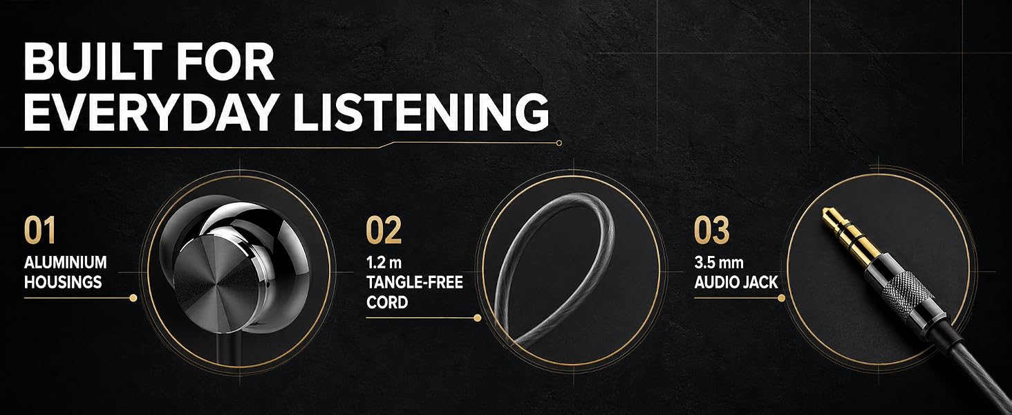 earbud with aluminium housing, 1.2m tangle-free cord and 3.5mm audio jack