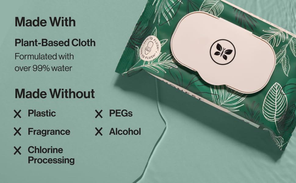 Made with plant based cloth and over 99% water. made without plastic, fragrance, chlorine processing