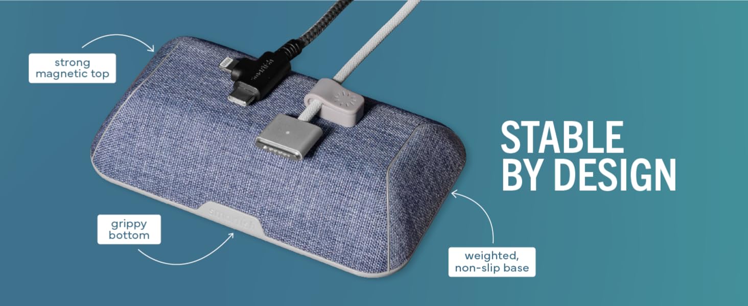 Cable Wrangler weighted base non-slip rubber bottom stays put on desk without adhesives or tape