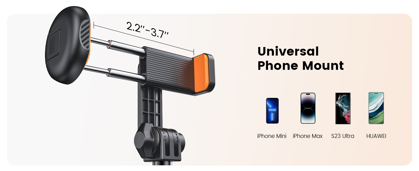 Universal phone mount with adjustable grip mechanism, featuring a black wheel clamp design and orange accent. Compatible with multiple phone models.