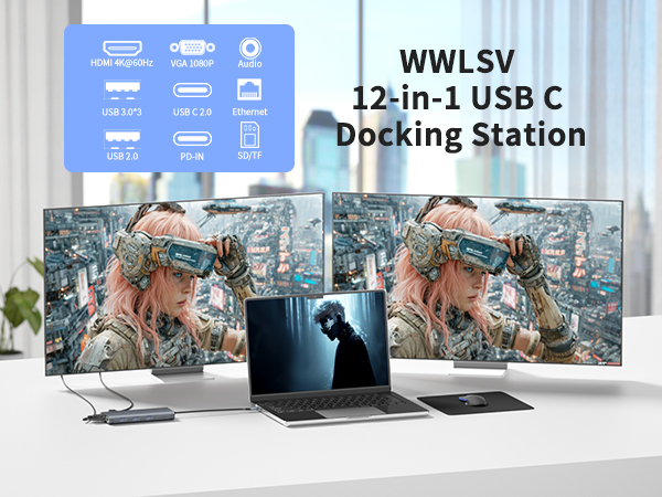 WWLSV 12 in 1 USB C Hub, all-in-one with HDMI 4K@60Hz, VGA, 100W PD-IN & data transfer ports.