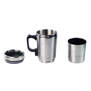 Stainless steel travel mug with removable parts. Features a main insulated cup, separate inner liner, and a detachable lid. Handle visible on main cup body.