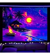 Nuxovilar UV Reactive Tapestry Tropical Beach Sunset Scene BlackLight Tapestries Cool UV Black Li...