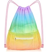 Nidoul Mesh Drawstring Bag with Zipper Pocket, Beach Bag for Swimming Gear Backpack Gym Storage B...