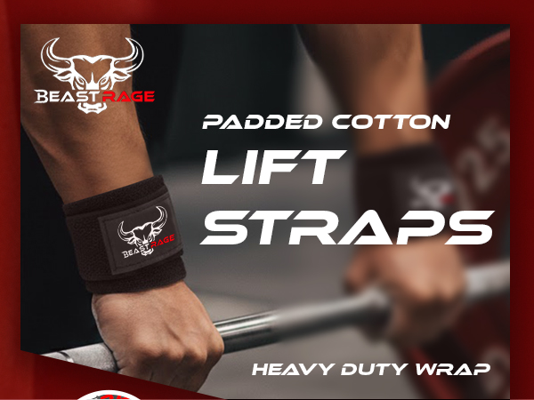 Text reads 'PADDED COTTON', 'LIFT', 'STRAPS', 'HEAVY DUTY WRAP'. Close-up product shots of exercise or weightlifting equipment with text overlays.