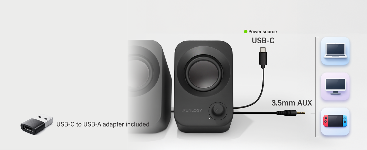 FUNLOGY Speaker Plus connection diagram with USB-C power and 3.5 mm AUX audio.