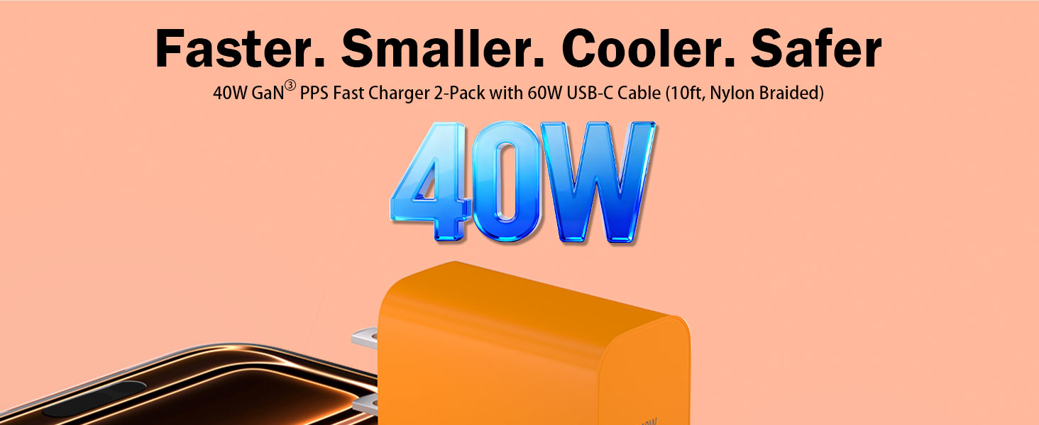 40W GaN III USB-C Fast Charger with 10ft MFi Certified Cable – Compact, Ultra-Fast Charging