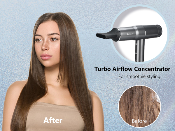 hairdryer with turbo airflow concentrator attachment for smoothie styling