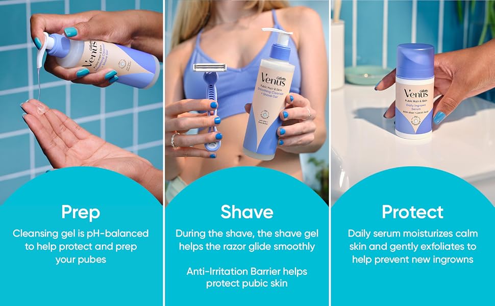 A woman is holding the Venus Pubic Hair & Skin products: Cleanser, Razor, Serum.