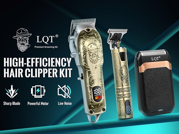 Text reads 'LQT HIGH-EFFICIENCY HAIR CLIPPER KIT' with icons showing 'Sharp Blade, Powerful Motor, Low Noise'. Professional hair clippers with ornate gold design patterns displayed against dark background with teal accent lighting.