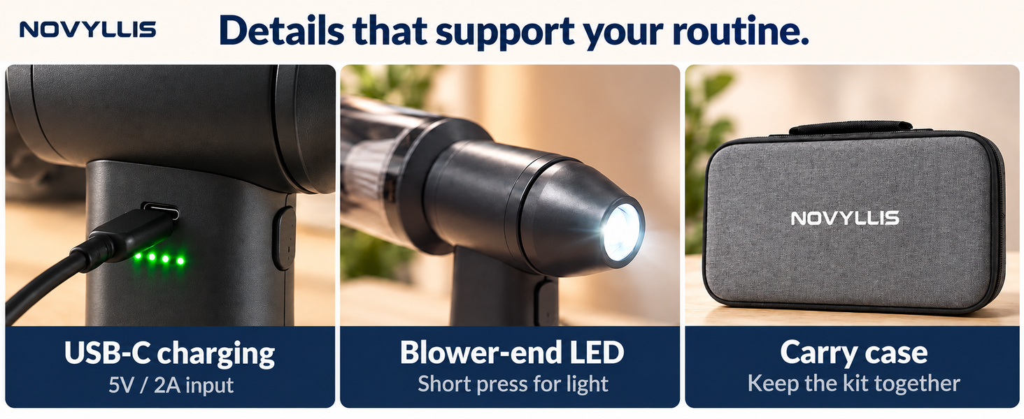 Rechargeable air duster with USB-C charging, blower-end LED light and carrying case