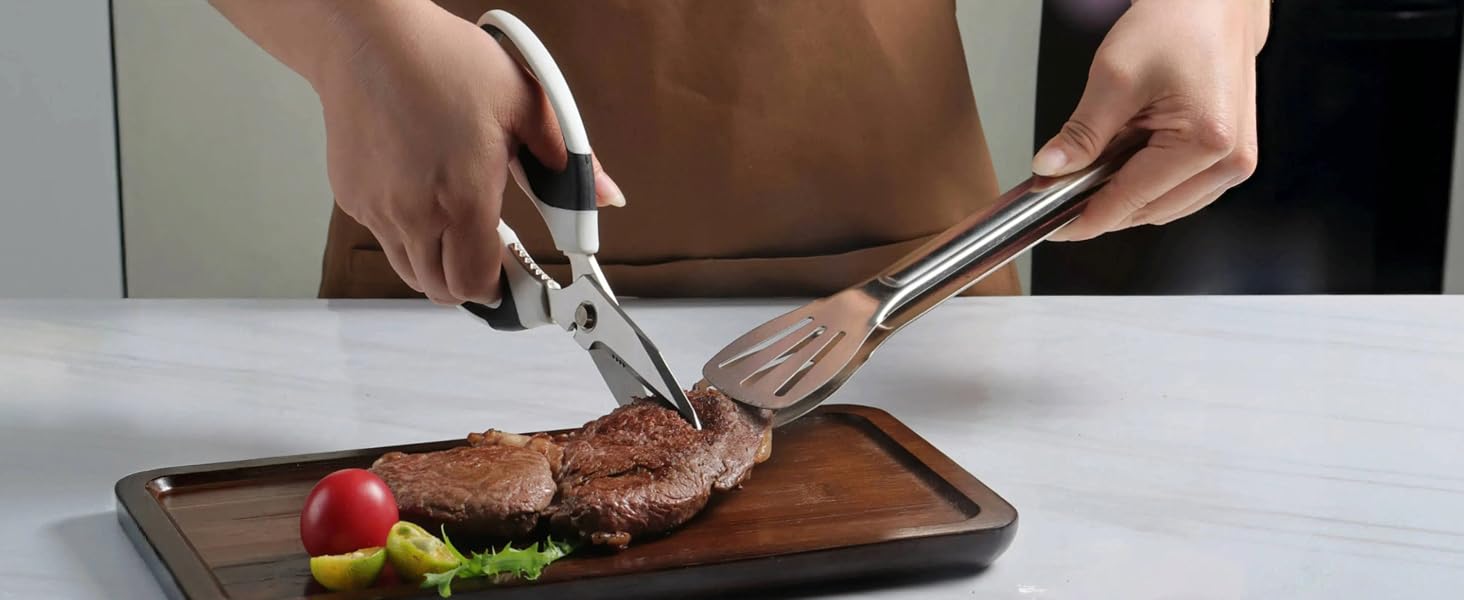 Can be used as kitchen shears, ideal for cutting food, meat, poultry, vegetables, herbs, seafood
