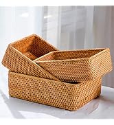 ZENFUN 3 Pack Rectangular Rattan Storage Baskets, Bulk Shallow Wicker Baskets for Decor, Handmade...