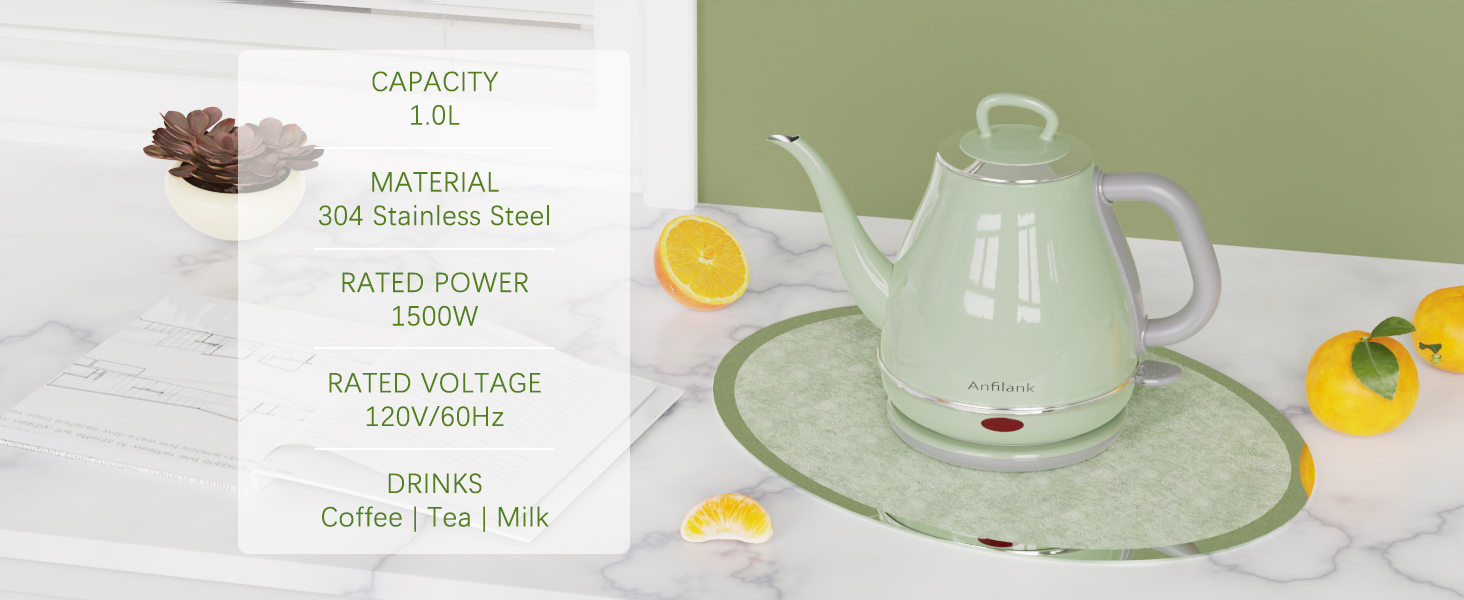 electric kettle gooseneck 1l, stainless steel, coffee / tea / milk / oats, etc.