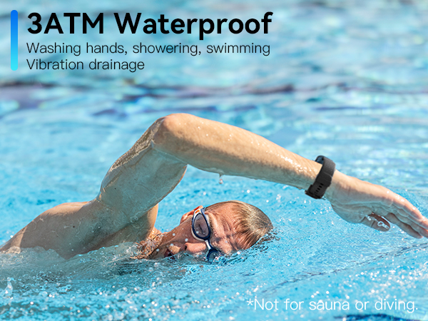 Text reads '3ATM Waterproof' and 'Washing hands, showering, swimming'. Images show person swimming freestyle stroke in pool, demonstrating water resistance.