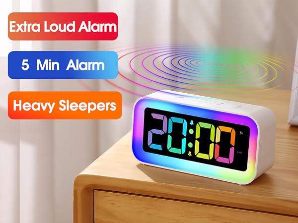 100dB extra loud alarm clock for heavy sleepers 5 minute continuous ring 9 minute snooze