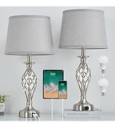 Nightstand Table Lamps for Bedrooms Set of 2 with USB C+A, Bedside Lamps with Spiral Cage Base, T...