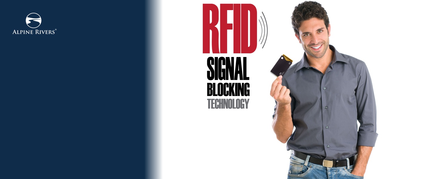 Man holding Alpine Rivers RFID blocking card sleeve for everyday commute and errands