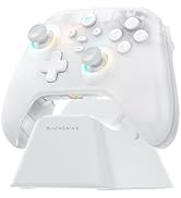 White gaming controller on display stand with subtle lighting effects. Features textured grip, analog sticks, and standard button layout.