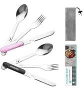HAUSHOF 4-in-1 Camping Utensil, Stainless Steel Travel Utensil Set with Bag | Detachable Spoon, F...